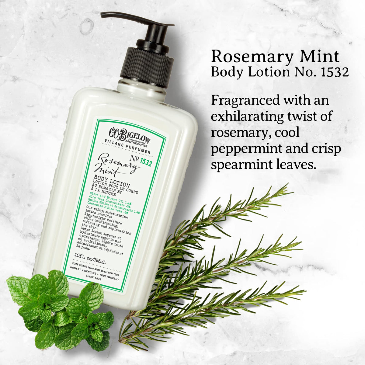 C. O. Bigelow ingredients label highlighting aloe vera, borage oil and olive oil benefits