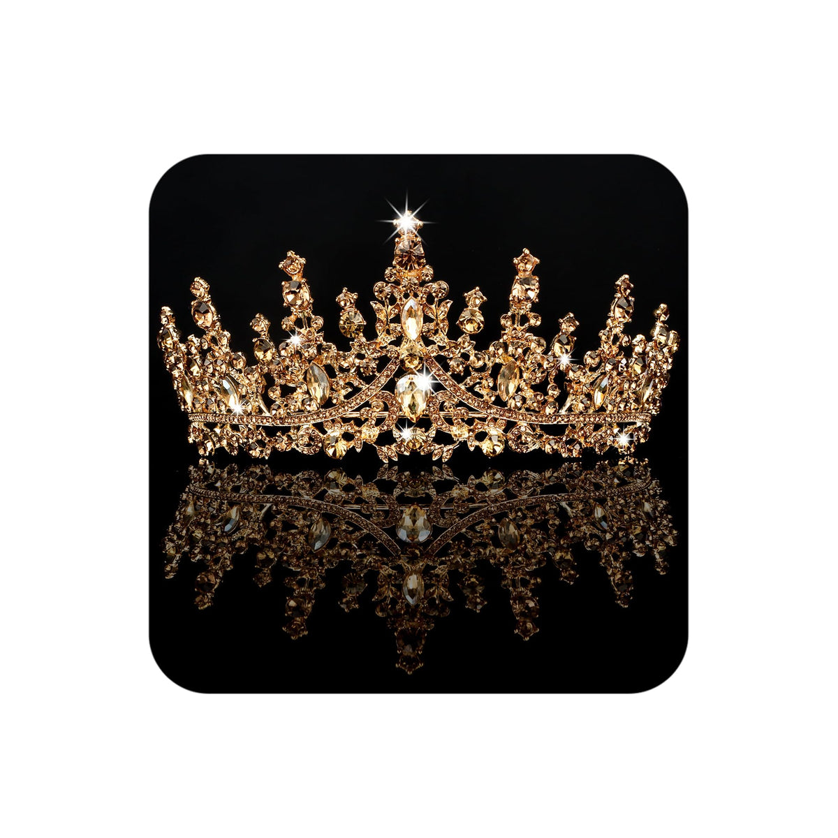 COCIDE gold tiara front view showing sparkle and regal shape