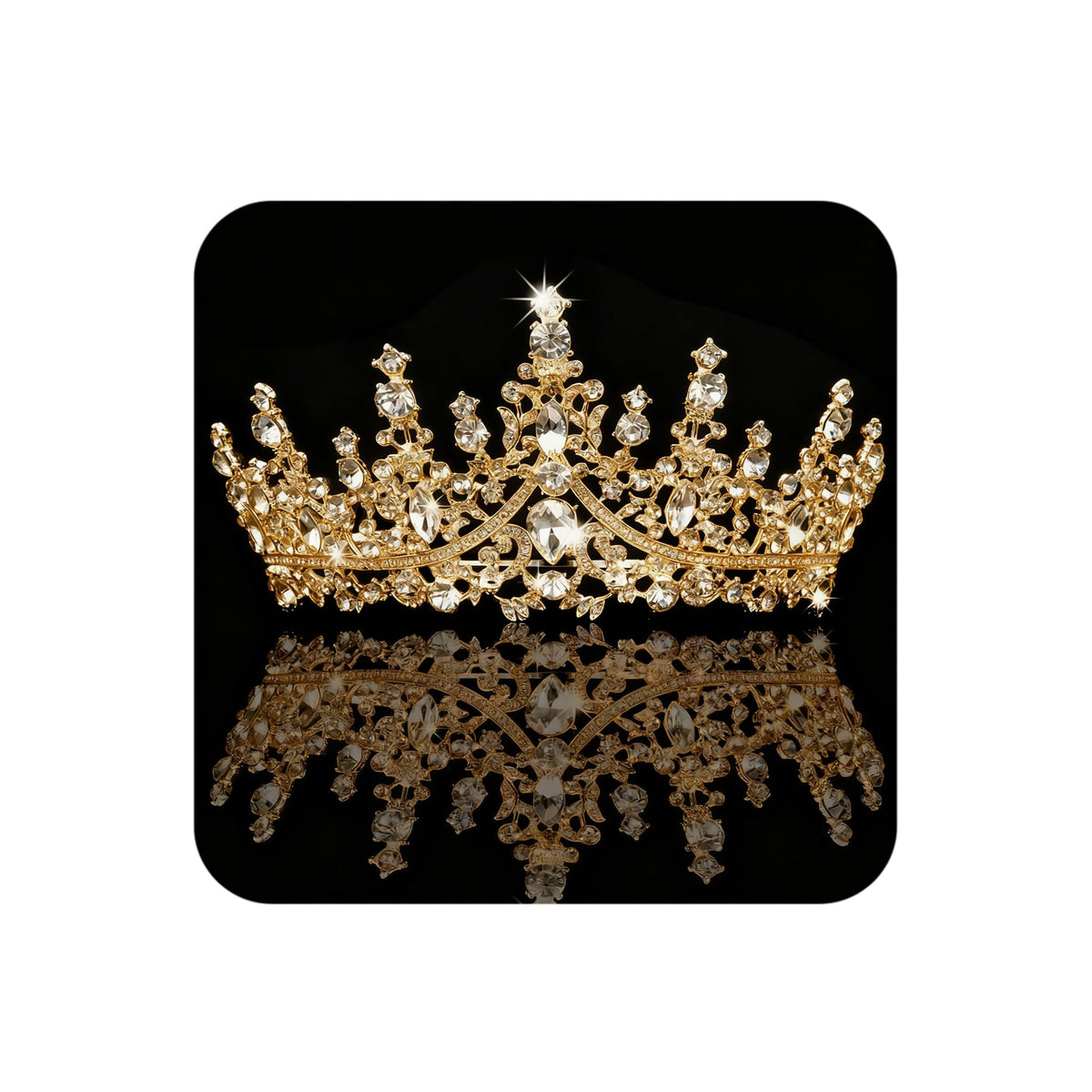 COCIDE gold tiara front view showing regal sparkle and elegant shape