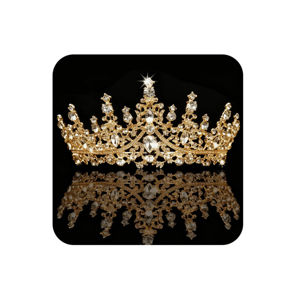 COCIDE gold tiara front view showing regal sparkle and elegant shape