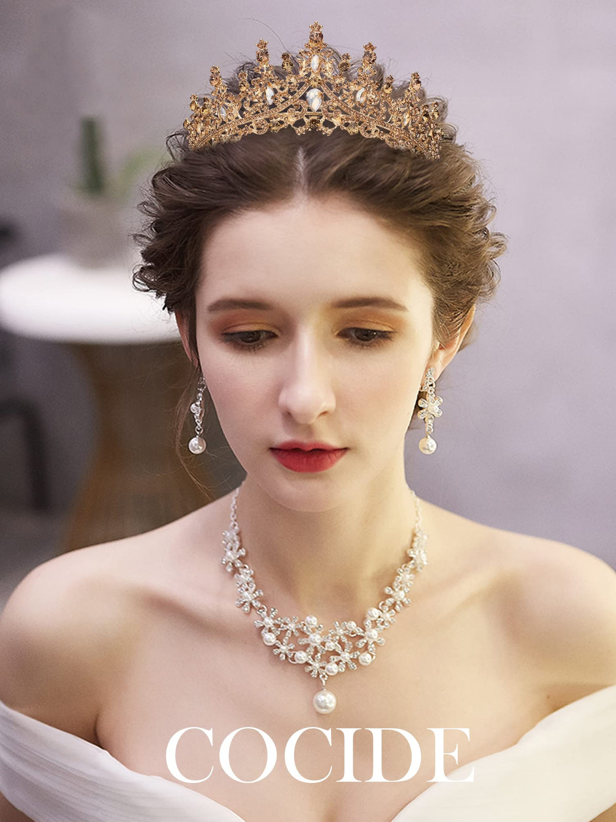 COCIDE tiara worn in an updo demonstrating secure, elegant fit