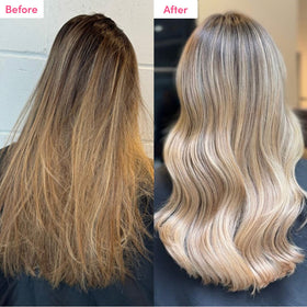 Coco & Eve model with smooth shiny hair after using the repair duo