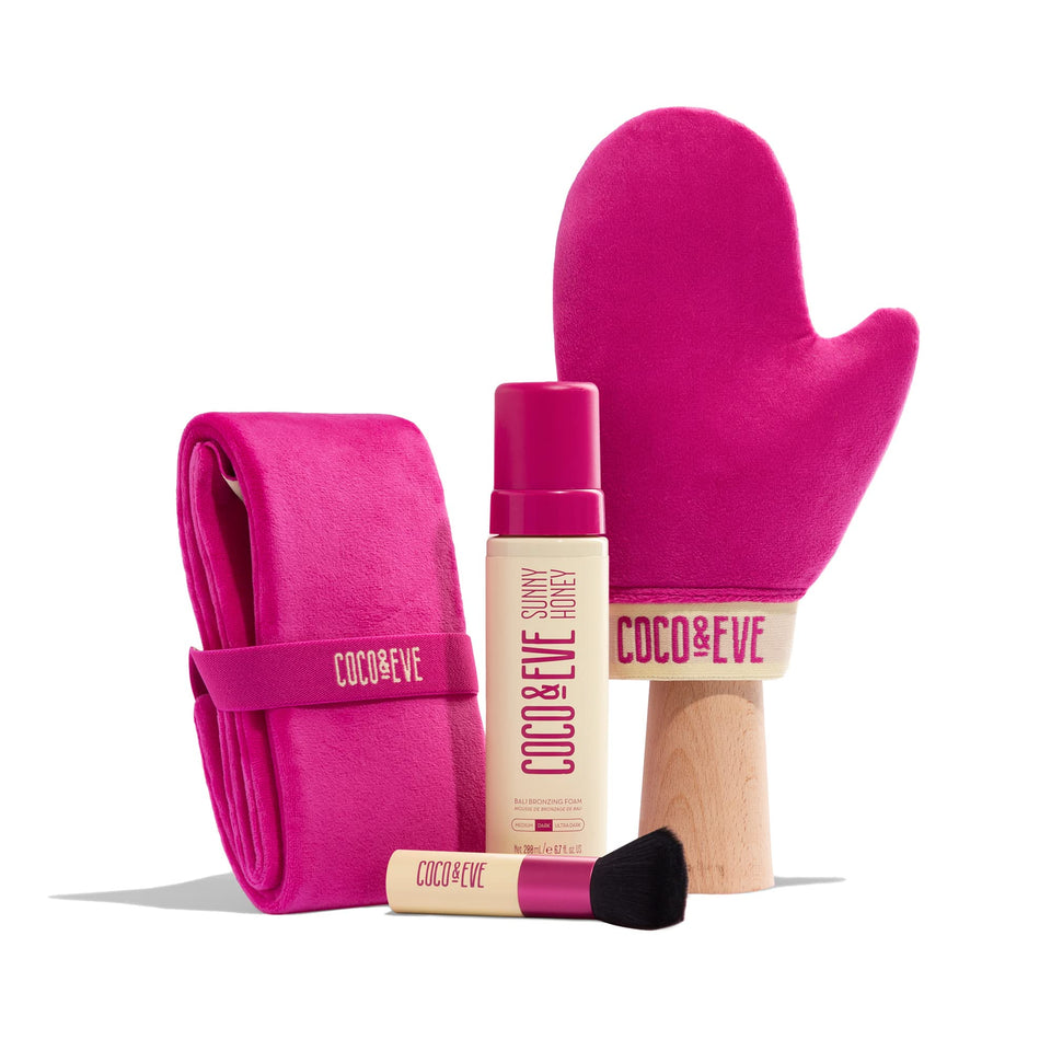 Coco & Eve front packaging showing full tanning set and benefits
