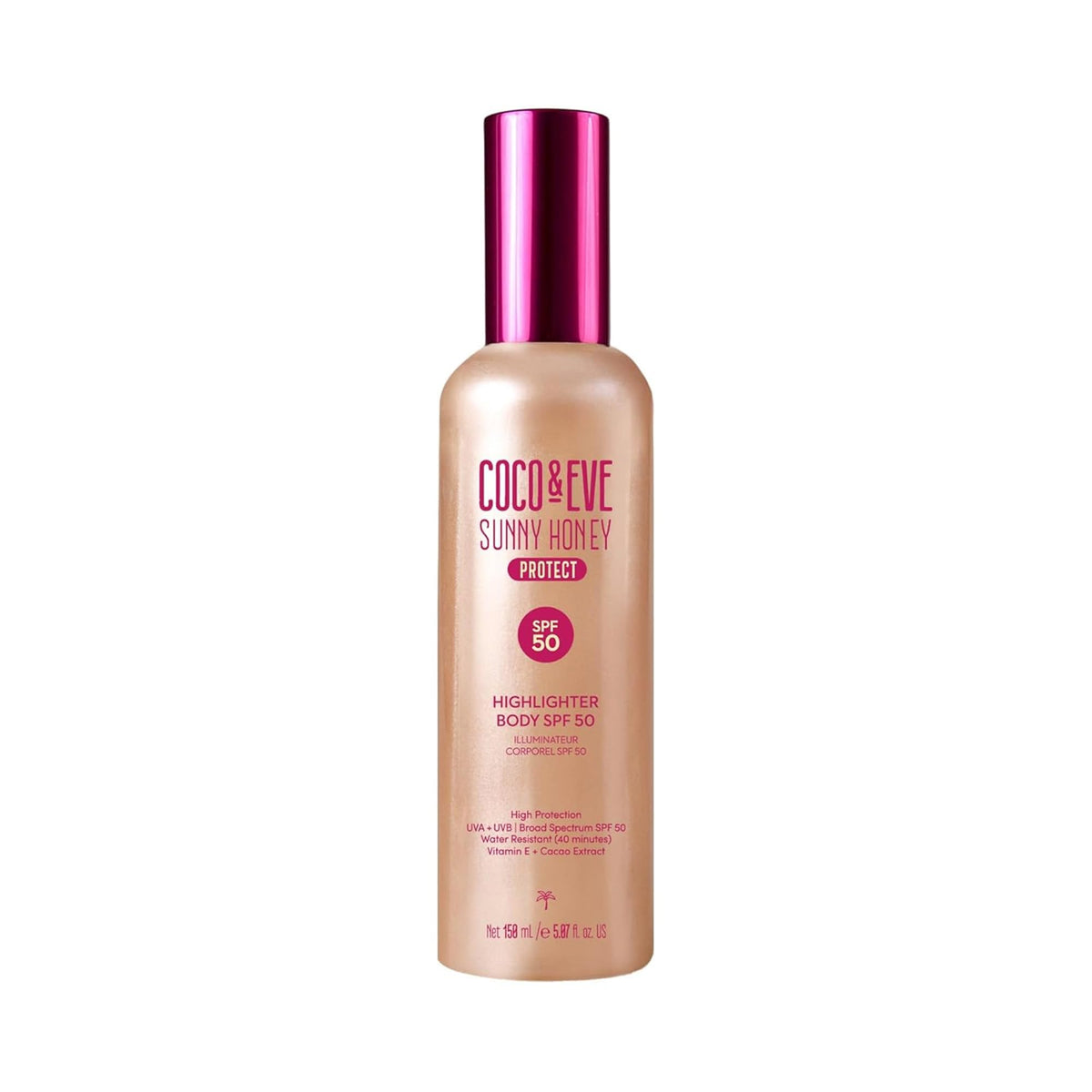 Coco & Eve front packaging showing SPF 50 and shimmering finish benefit