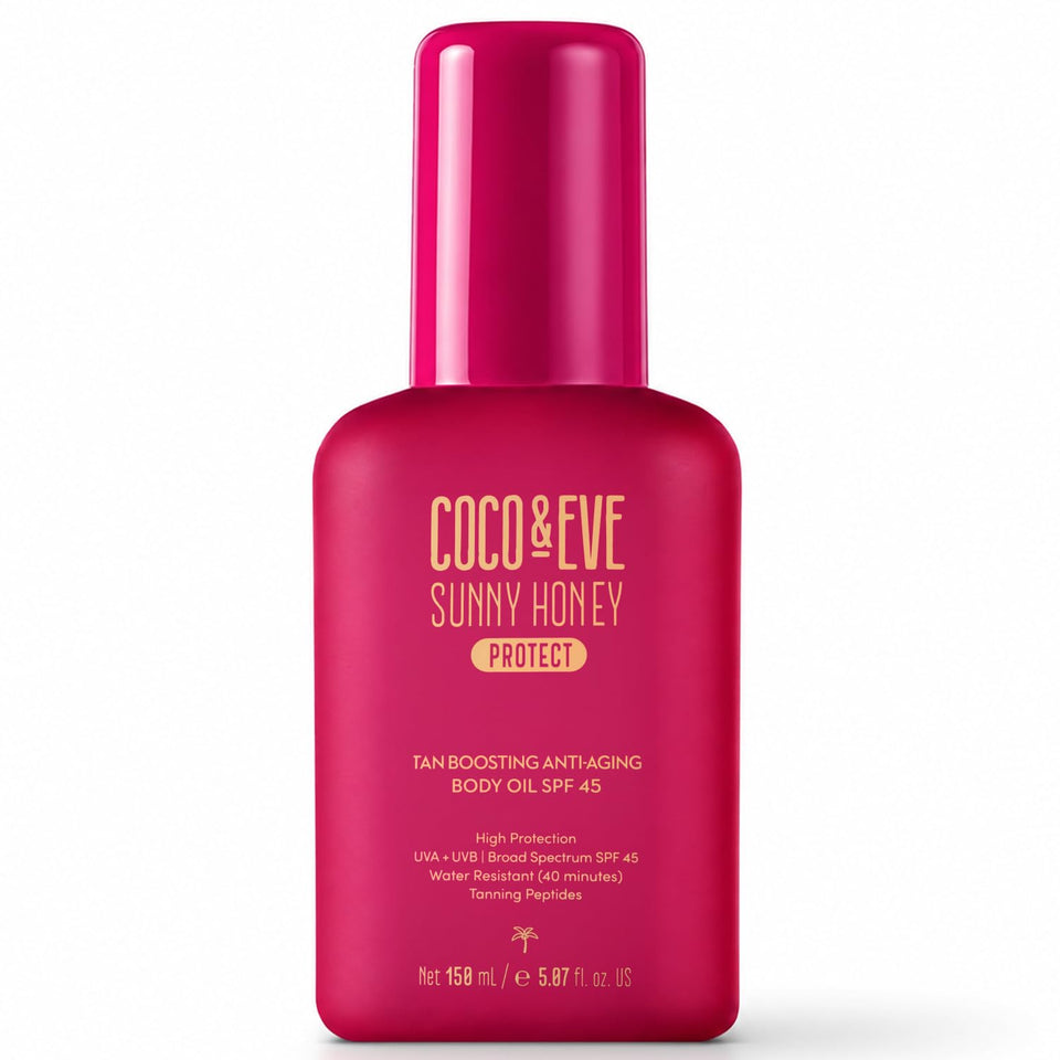 Coco & Eve bottle pump front view showing sleek packaging and SPF45 protection
