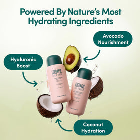 Coco & Eve bottles in hand showing 8.4 fl oz scale and portability