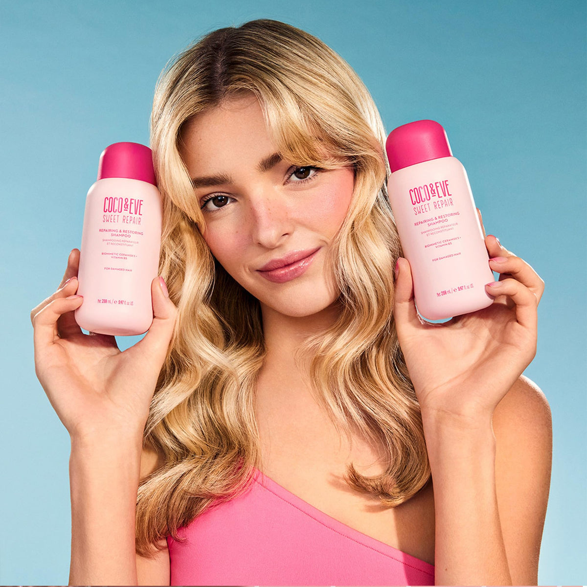 Coco & Eve bundle staged in a bathroom for lifestyle use and salon-quality look