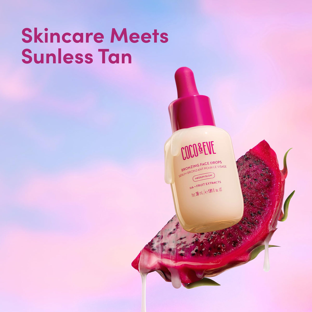 Coco & Eve dropper dispensing dark bronzing drops showing silky texture