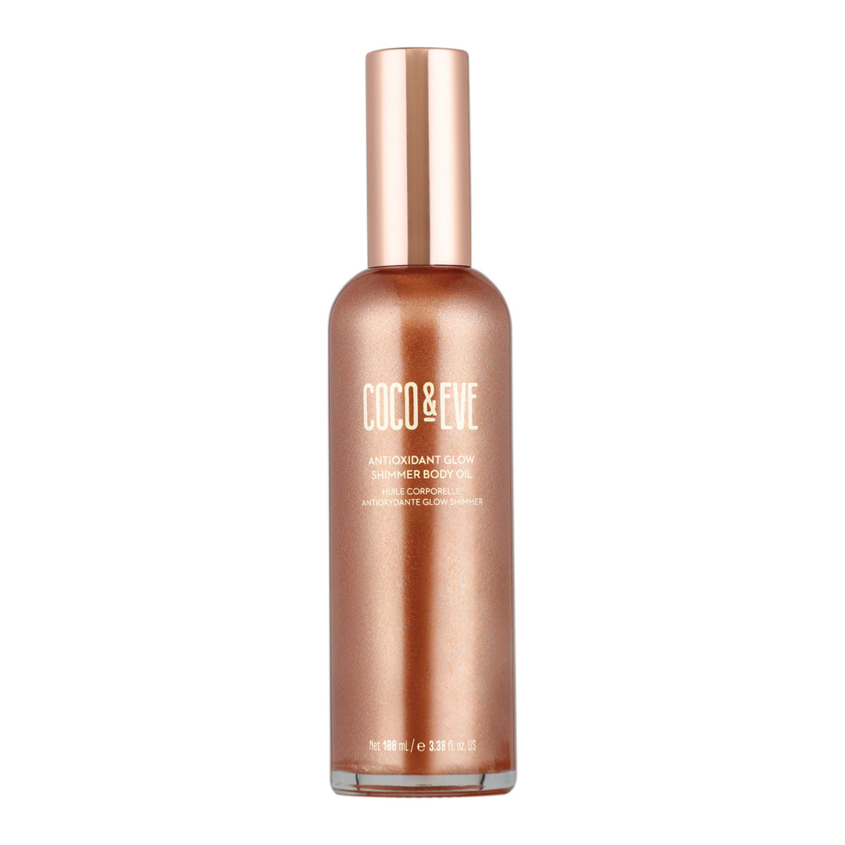 Coco & Eve front packaging showing shimmering body oil and benefits