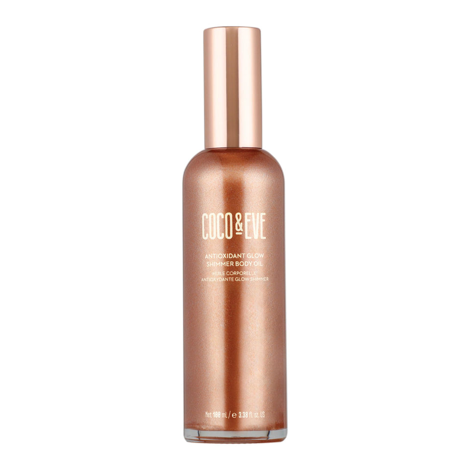 Coco & Eve front packaging showing shimmering body oil and benefits