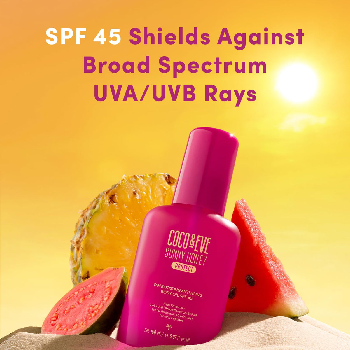 Coco & Eve ingredient flatlay with pineapple, guava, watermelon showing nourishing antioxidants