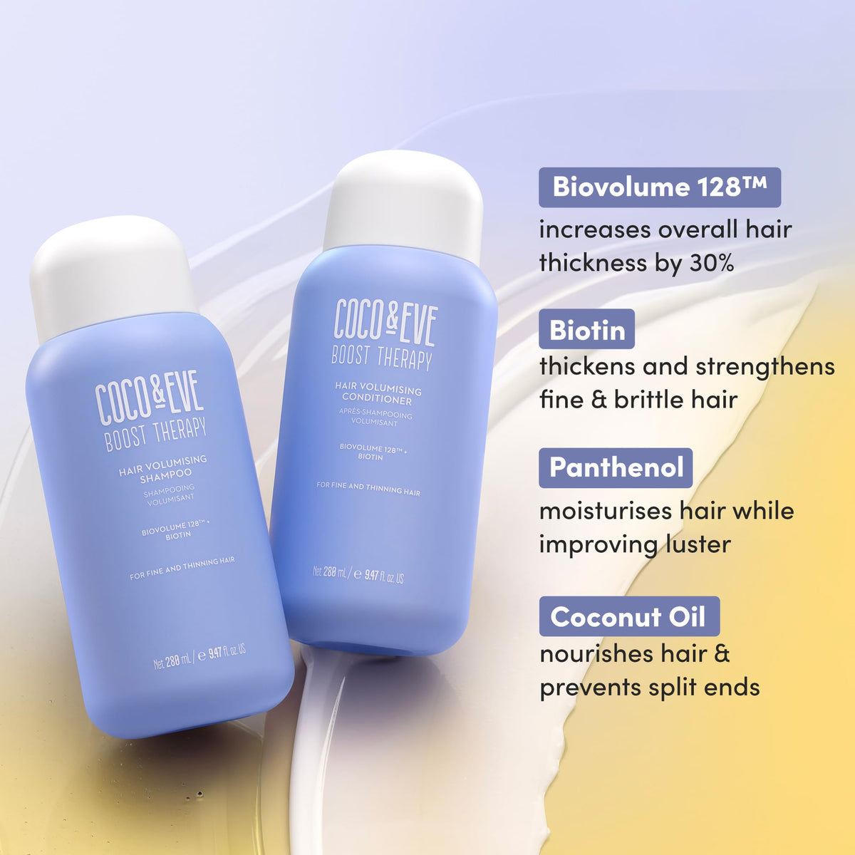 Coco & Eve shampoo lathering in wet hair for lift and gentle cleanse