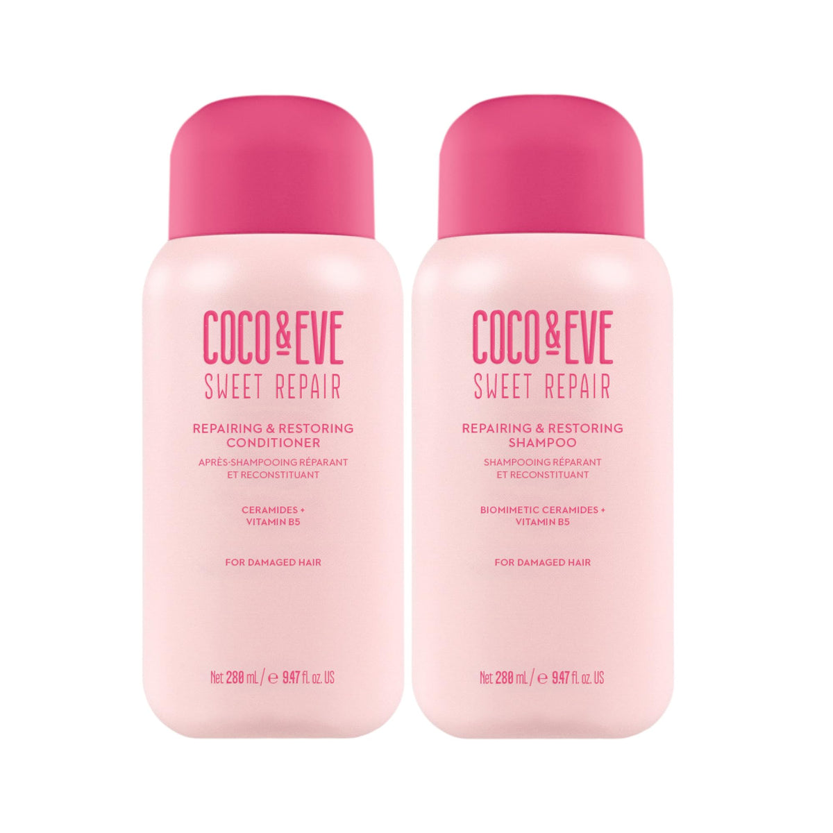 Coco & Eve front packaging view showing both shampoo and conditioner benefits