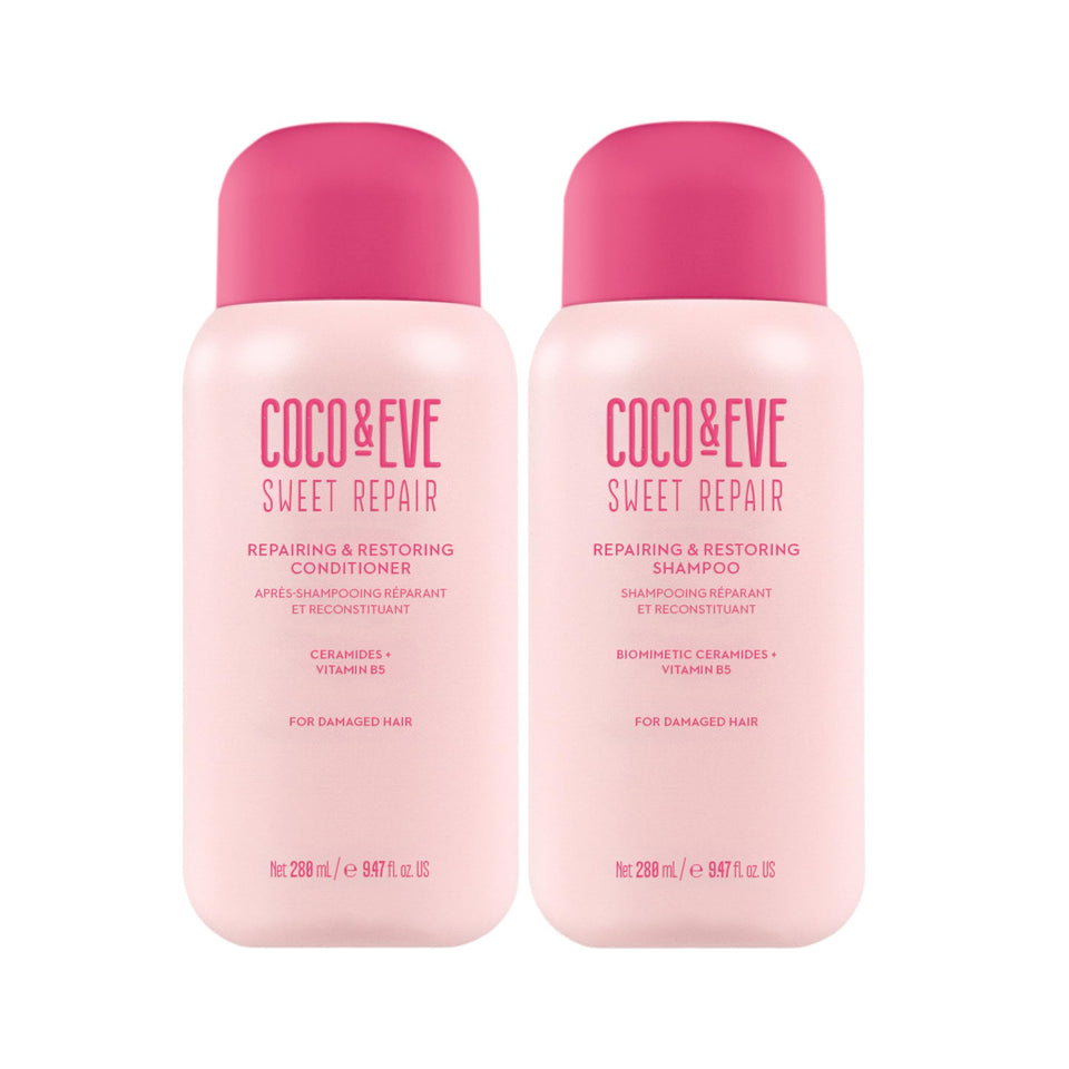 Coco & Eve front packaging view showing both shampoo and conditioner benefits