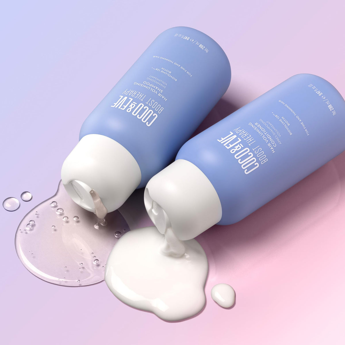 Coco & Eve shampoo bottle label close-up highlighting volumising technology