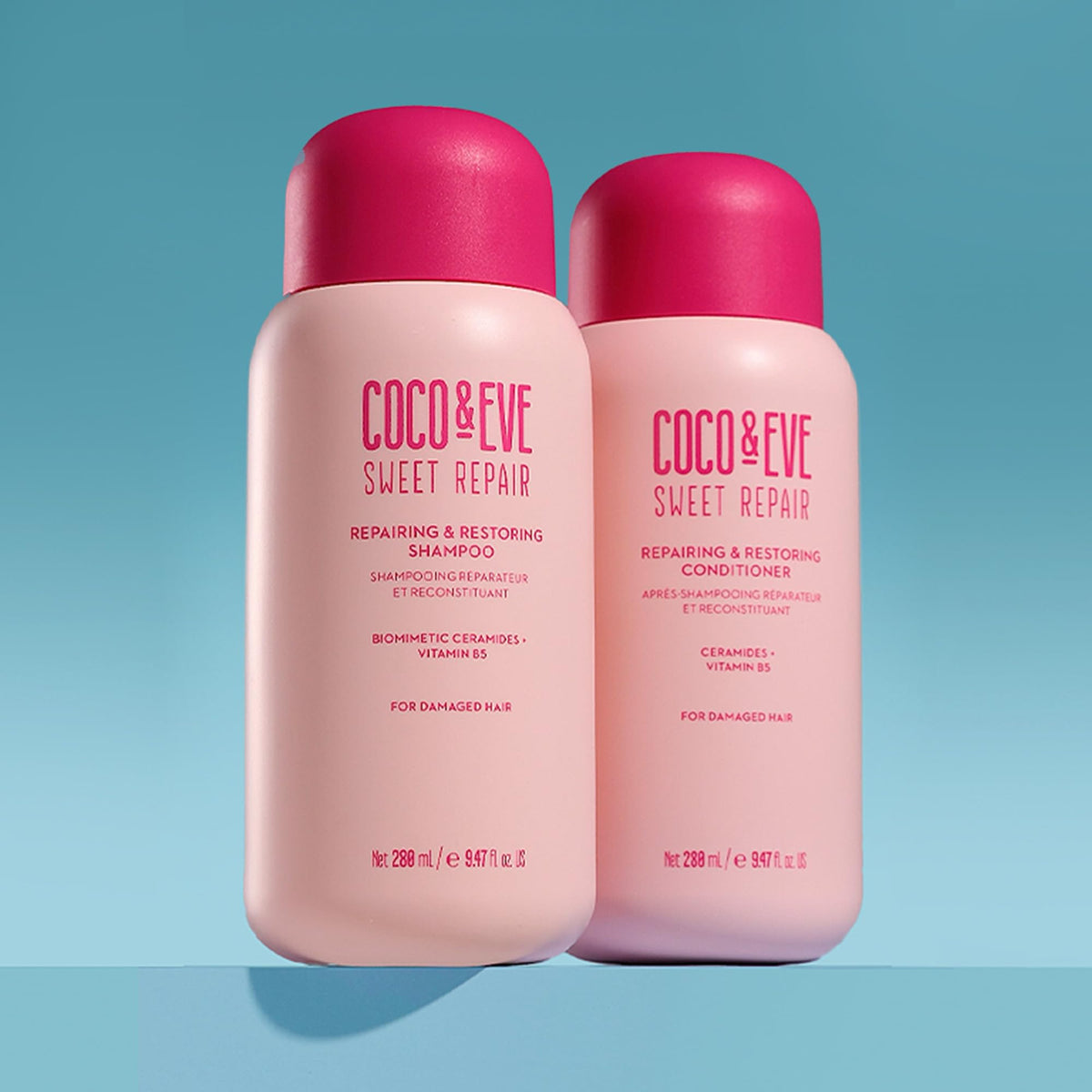 Coco & Eve bottles in a hand for scale illustrating 18.94 fl oz size