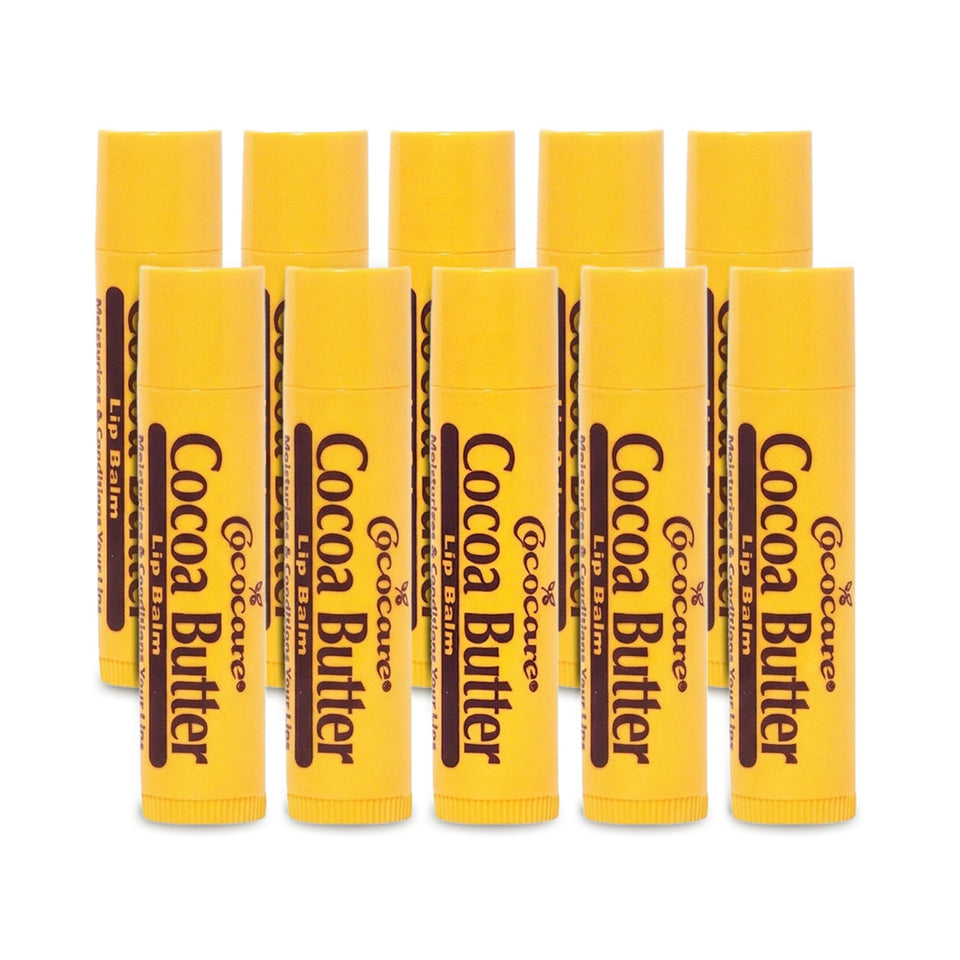 COCOCARE front packaging showing ten yellow lip balm tubes, convenient supply