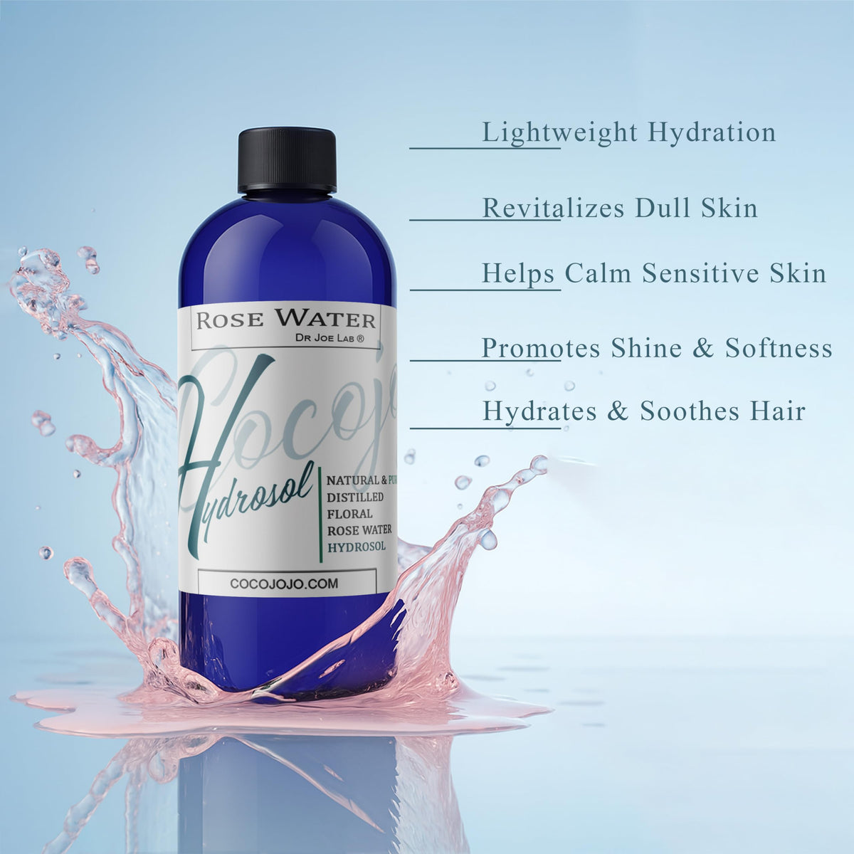 COCOJOJO close-up of clear rose hydrosol highlighting purity and lightweight texture benefit