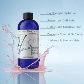 COCOJOJO close-up of clear rose hydrosol highlighting purity and lightweight texture benefit