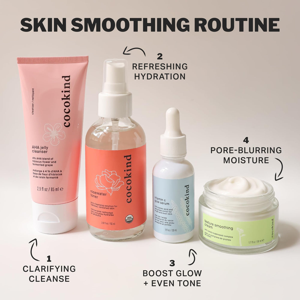 Cocokind bottle staged with fresh roses conveying natural hydrosol benefits