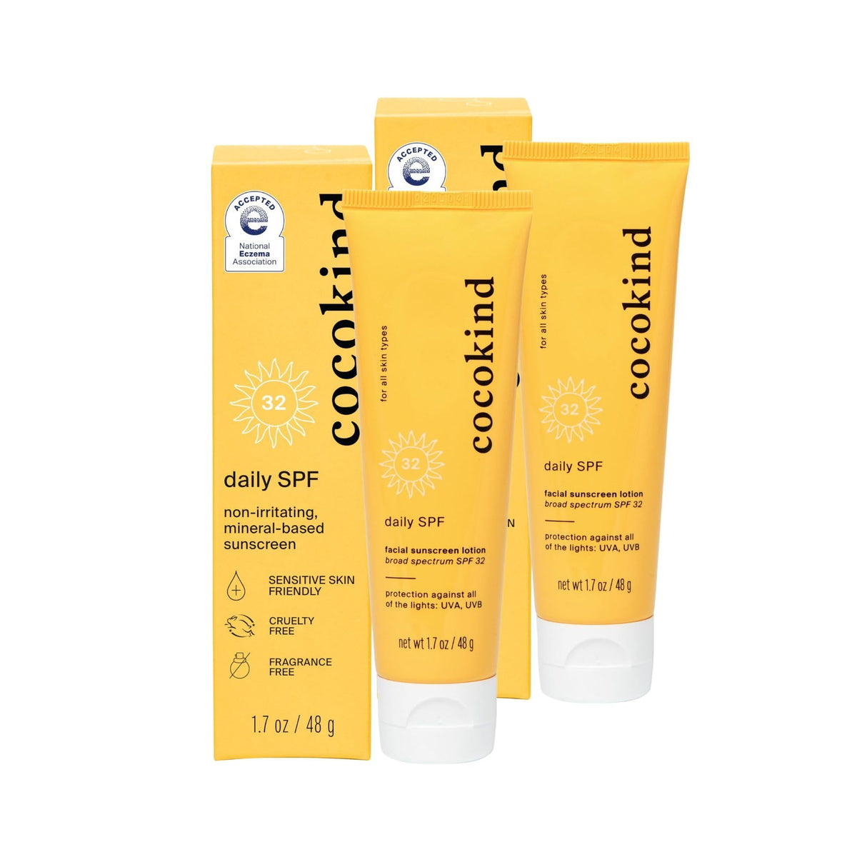 Cocokind Daily SPF front packaging showing two tubes for convenient protection