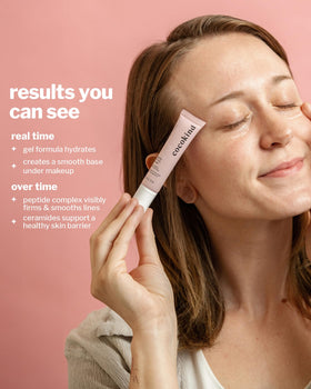 Cocokind model applying eye gel demonstrating gentle use and visible smoothing