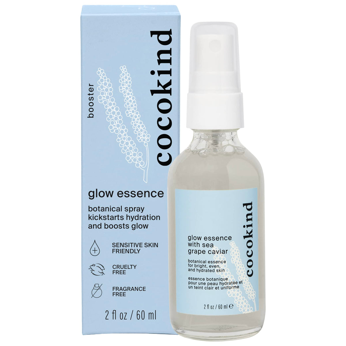 Cocokind front packaging shows mist bottle and label, highlighting recyclable glass benefit