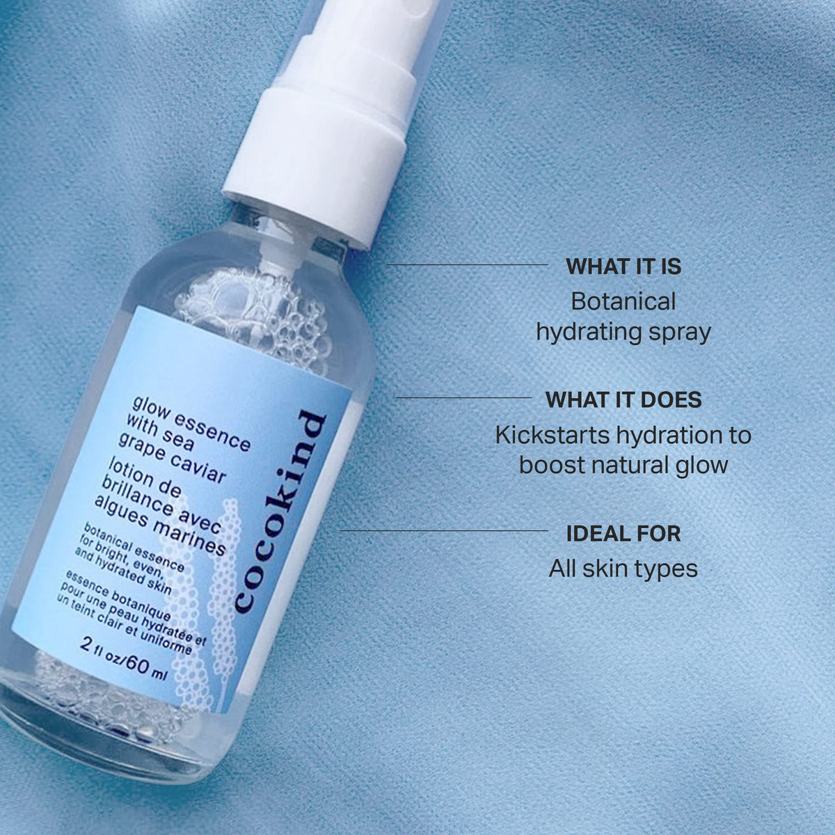 Cocokind mist spraying onto face to hydrate and prime skin for better serum absorption