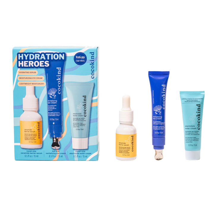 Cocokind front packaging trio set showing compact travel-friendly benefits