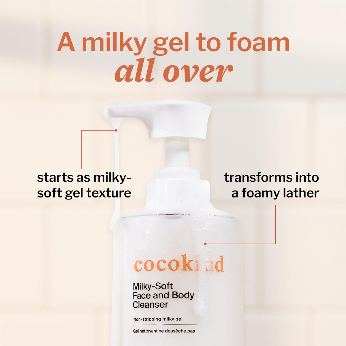 Cocokind bottle in shower setting showing face and body use convenience