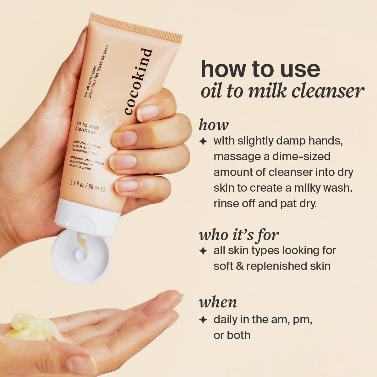 Cocokind texture on hand showing silky oil that dissolves makeup effectively