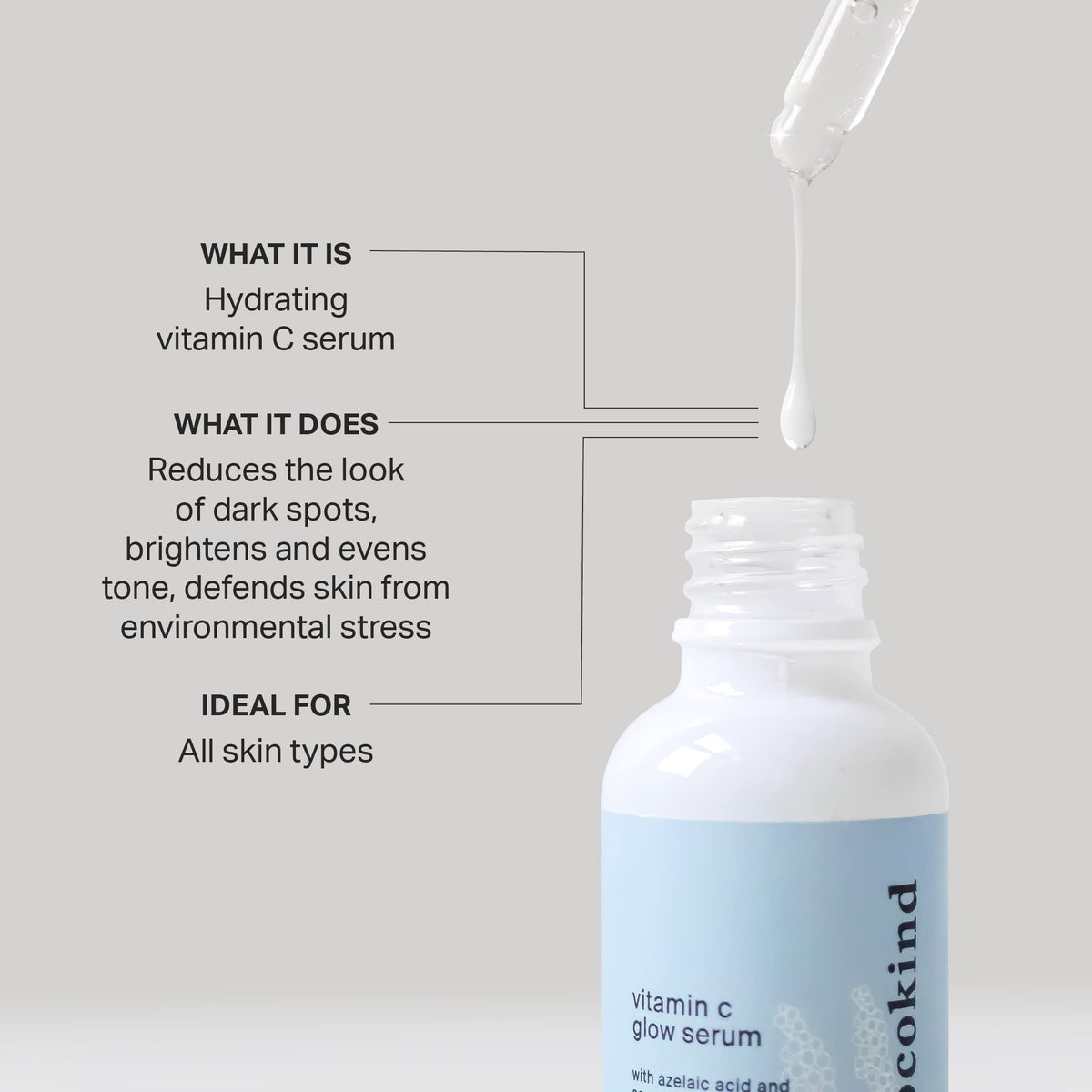 Cocokind pipette dispensing the lightweight serum to show silky texture and easy application