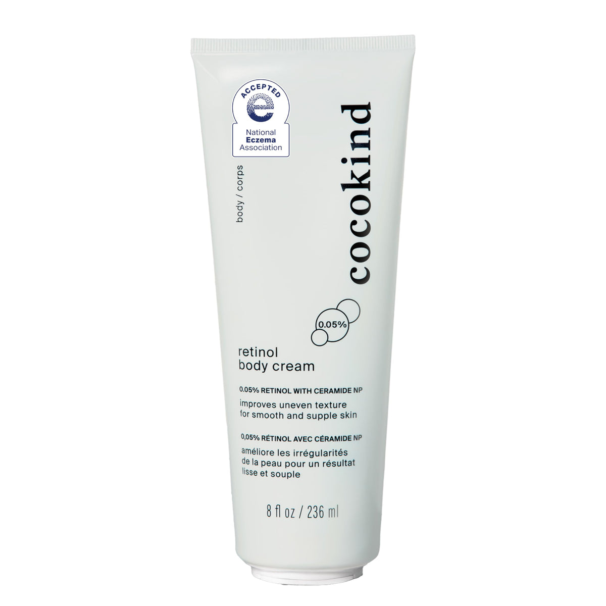 Cocokind front packaging showing 8 fl oz tube, clear product identity and benefit