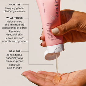 Cocokind cleanser jelly texture close-up, demonstrates gentle exfoliating consistency