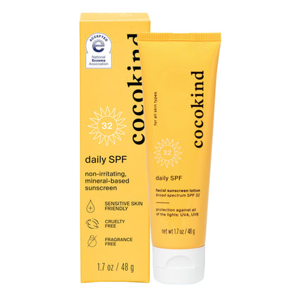 Cocokind tube front view showing product branding and SPF 32 protection