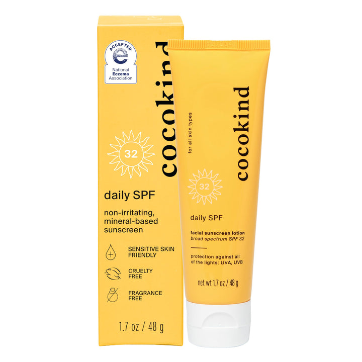 Cocokind tube front view showing product branding and SPF 32 protection