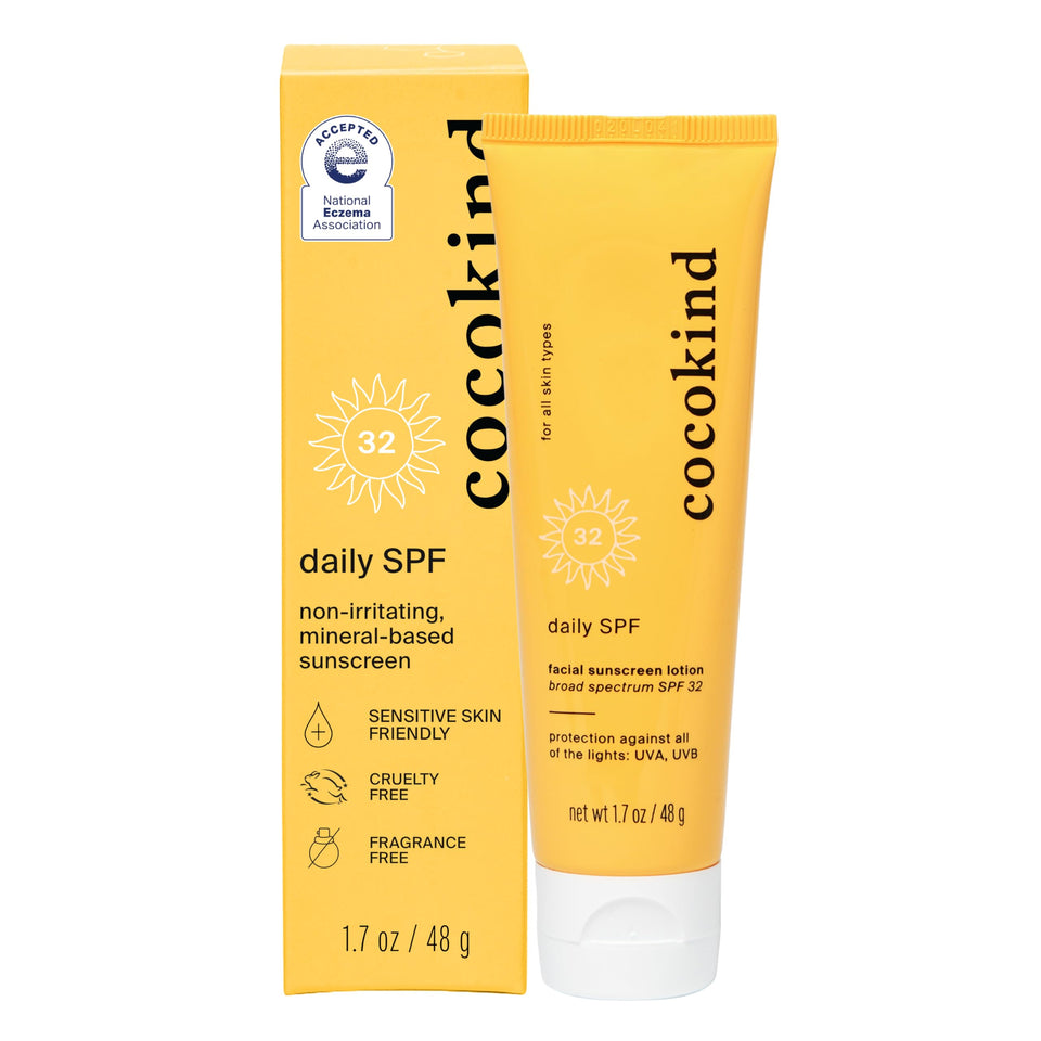 Cocokind tube front view showing product branding and SPF 32 protection