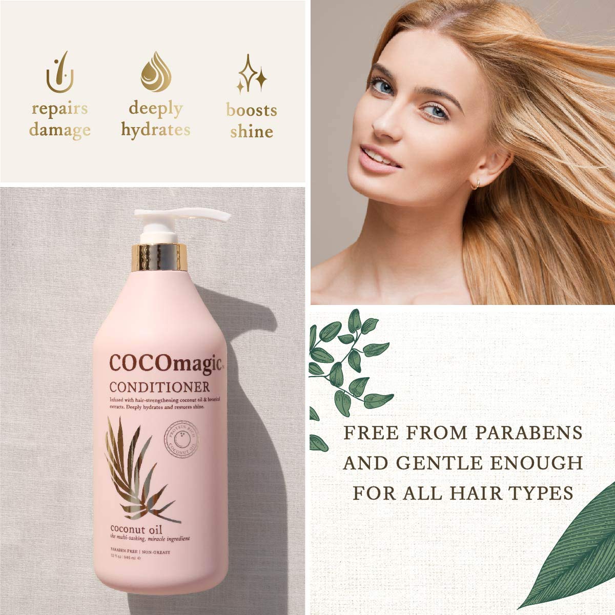 Cocomagic conditioner being applied in shower for hydrated manageable hair