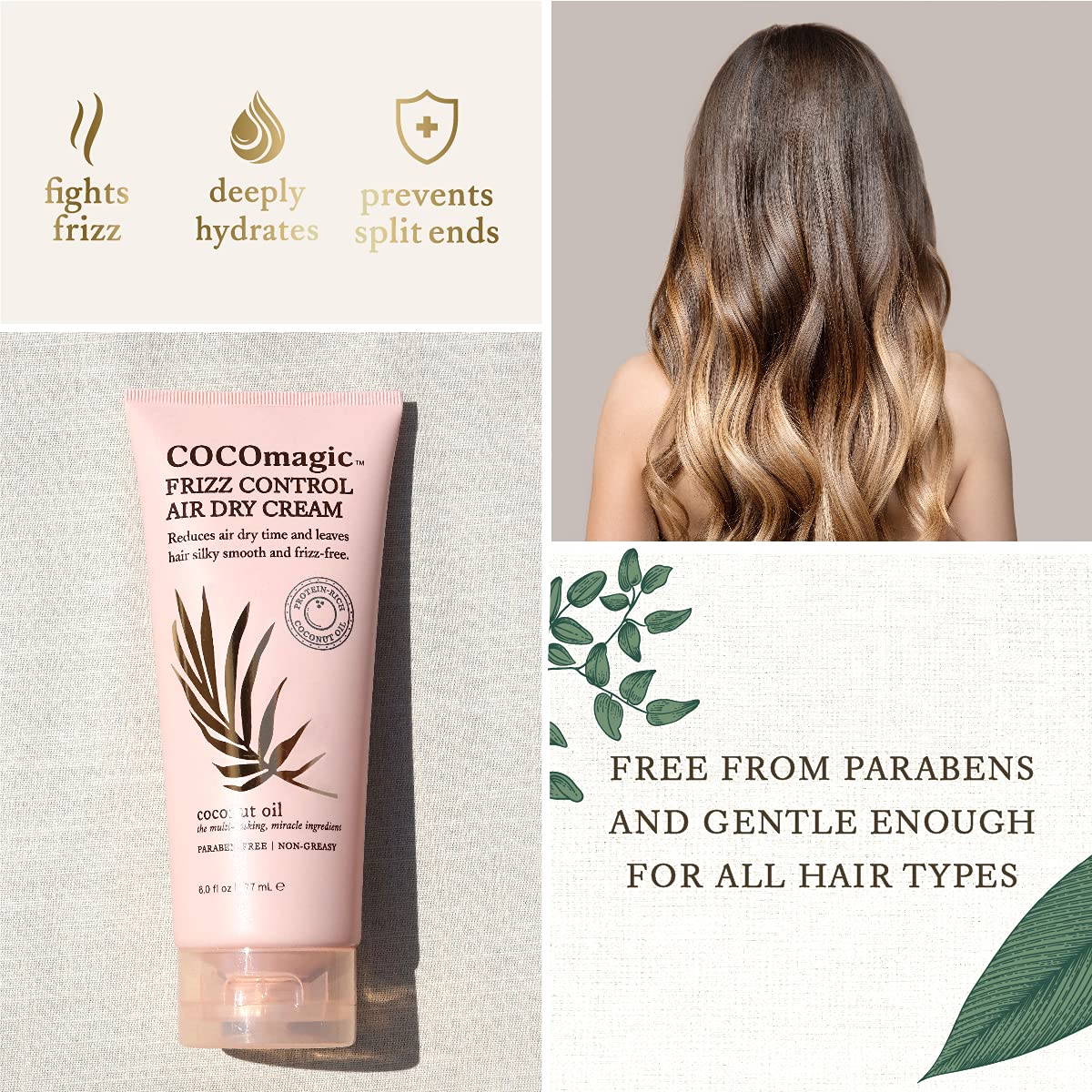 Cocomagic before and after hair comparison showing reduced frizz and added shine