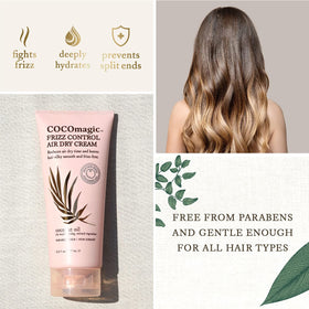 Cocomagic before and after hair comparison showing reduced frizz and added shine