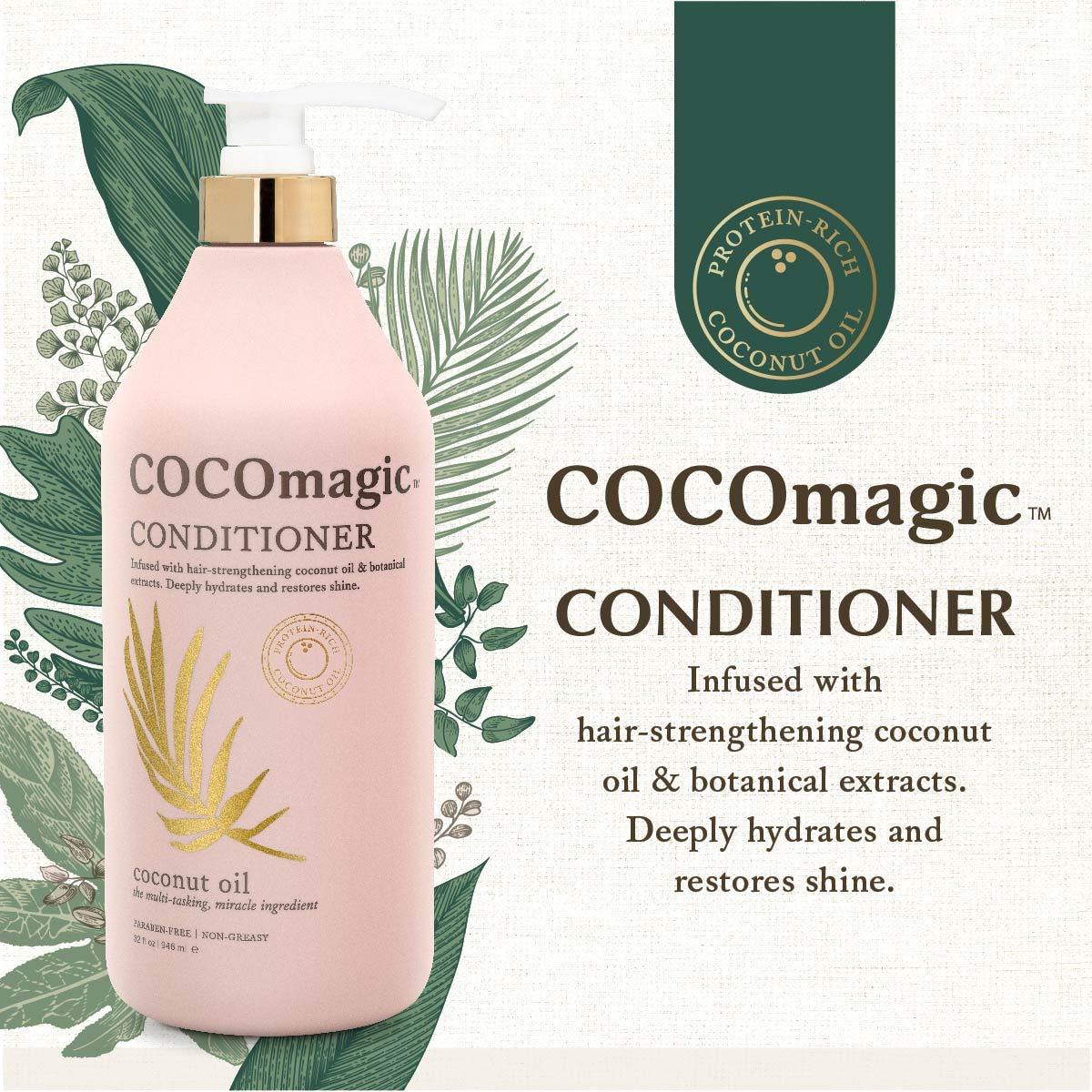 Cocomagic bottle in hand size comparison highlighting the large 32 oz value