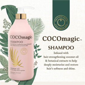 CocoMagic shampoo in hand pouring to show easy use and controlled application benefit