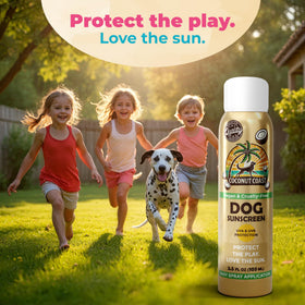 Coconut Coast used on a dog at the beach showing outdoor sun protection