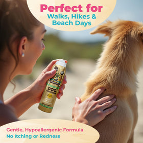 Coconut Coast being sprayed on a dog’s belly to protect thin fur areas