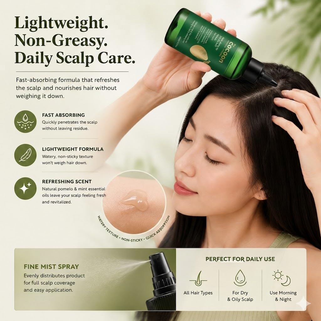 Cocoon Original tonic being misted onto scalp demonstrating targeted hydration