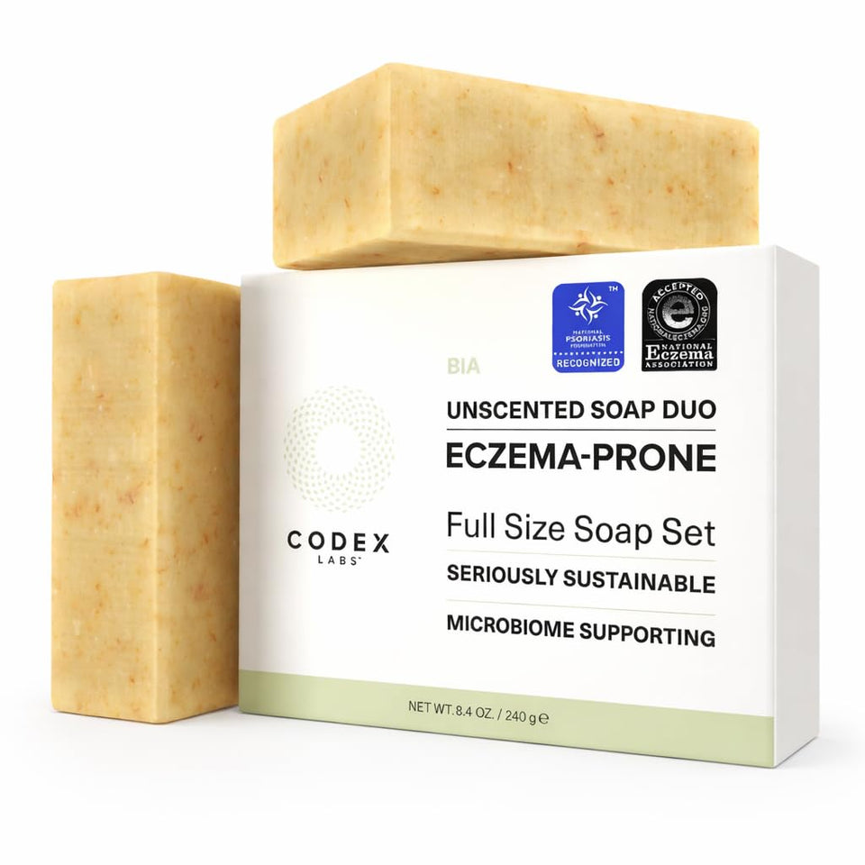 Codex Labs front packaging showing unscented eczema soap for family use