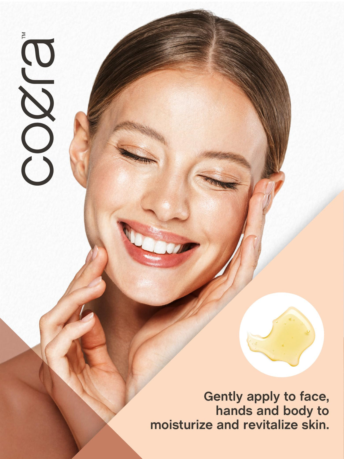 Lifestyle scene using Coera oil on legs after shower, conveys all-over hydration