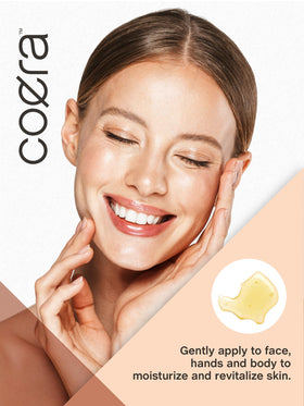 Lifestyle scene using Coera oil on legs after shower, conveys all-over hydration