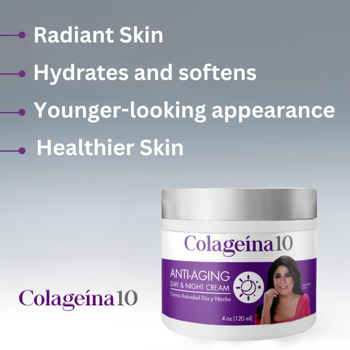 Colageina 10 jar beside hand for scale showing true 4-ounce size benefit