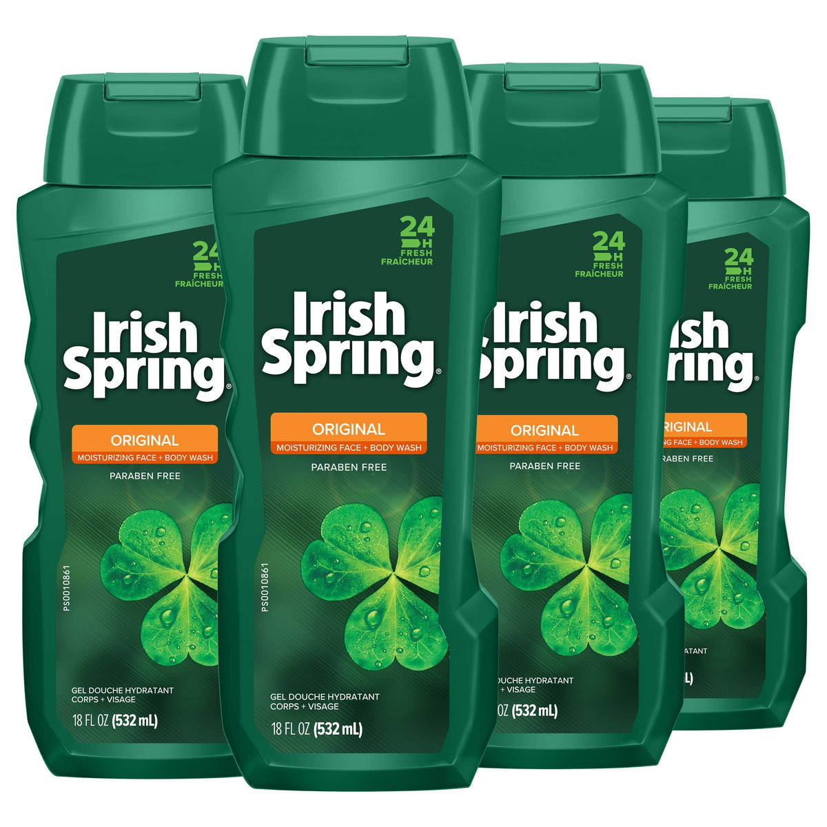 Colgate Irish Spring front packaging showing four bottles for value and freshness